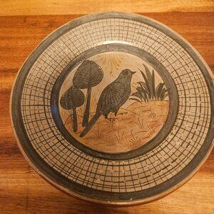 vintage Mexican tonala potter plate hand painted design of bird